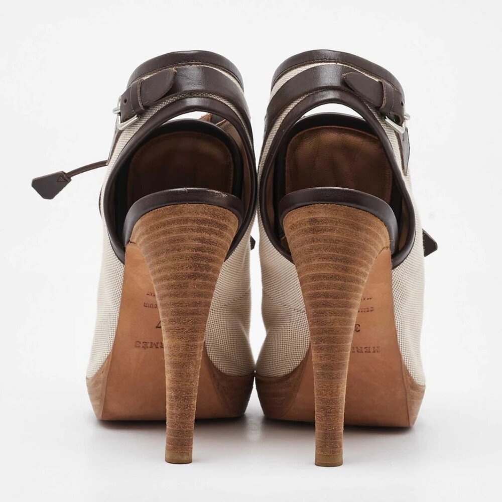 Hermes Off White/Brown Canvas and Leather Platform Booties Size 37 488-050125 - Picture 6 of 9